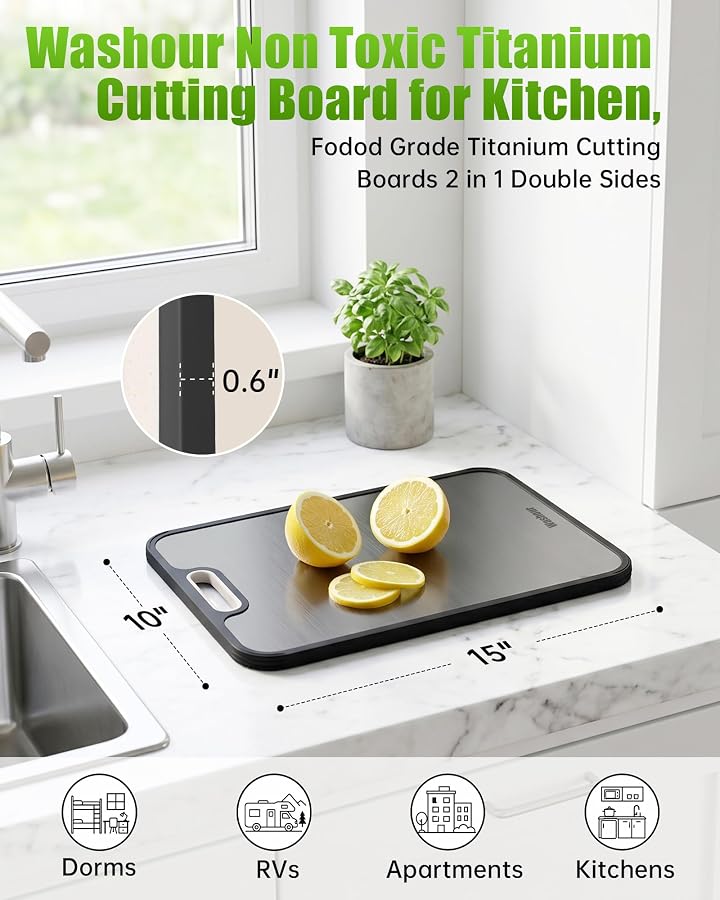 Washour Non Toxic Titanium Cutting Board for Kitchen, Food Grade Titanium Cutting Boards 2 in 1 Double Sides, Non Slip Cutting Mat 15" x 10" - image 2