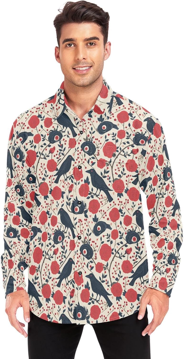 Red Roses with Eyeballs and Black Crows Mens Womens Cotton Rugby Shirts Formal Long Sleeve Business Work Tops