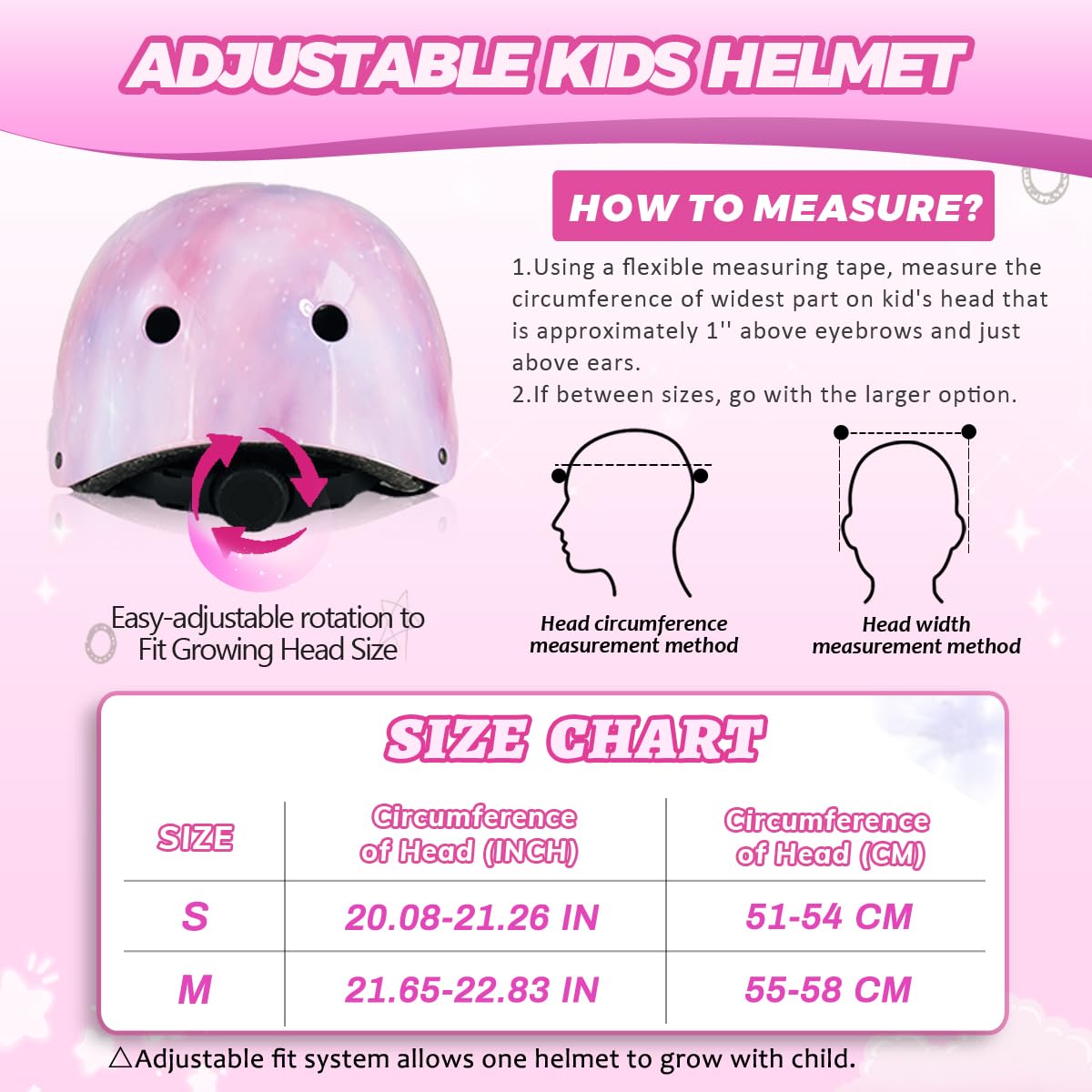 HXWY Kids Bike Helmet for Girls Toddler Youth CPSC Certified, Adjustable Starry Pink Protective Helmets for Multi-Sports Cycling Skateboard Scooter Skating Rollerblading (Medium)