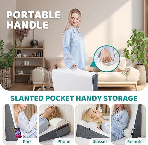 Miniatura 4 de Almohada de cuña de cama para apnea del sueño, almohada de cuña triangular de 22 x 22 x 7 pulgadas con almohada para el cuello para dormir, reflujo