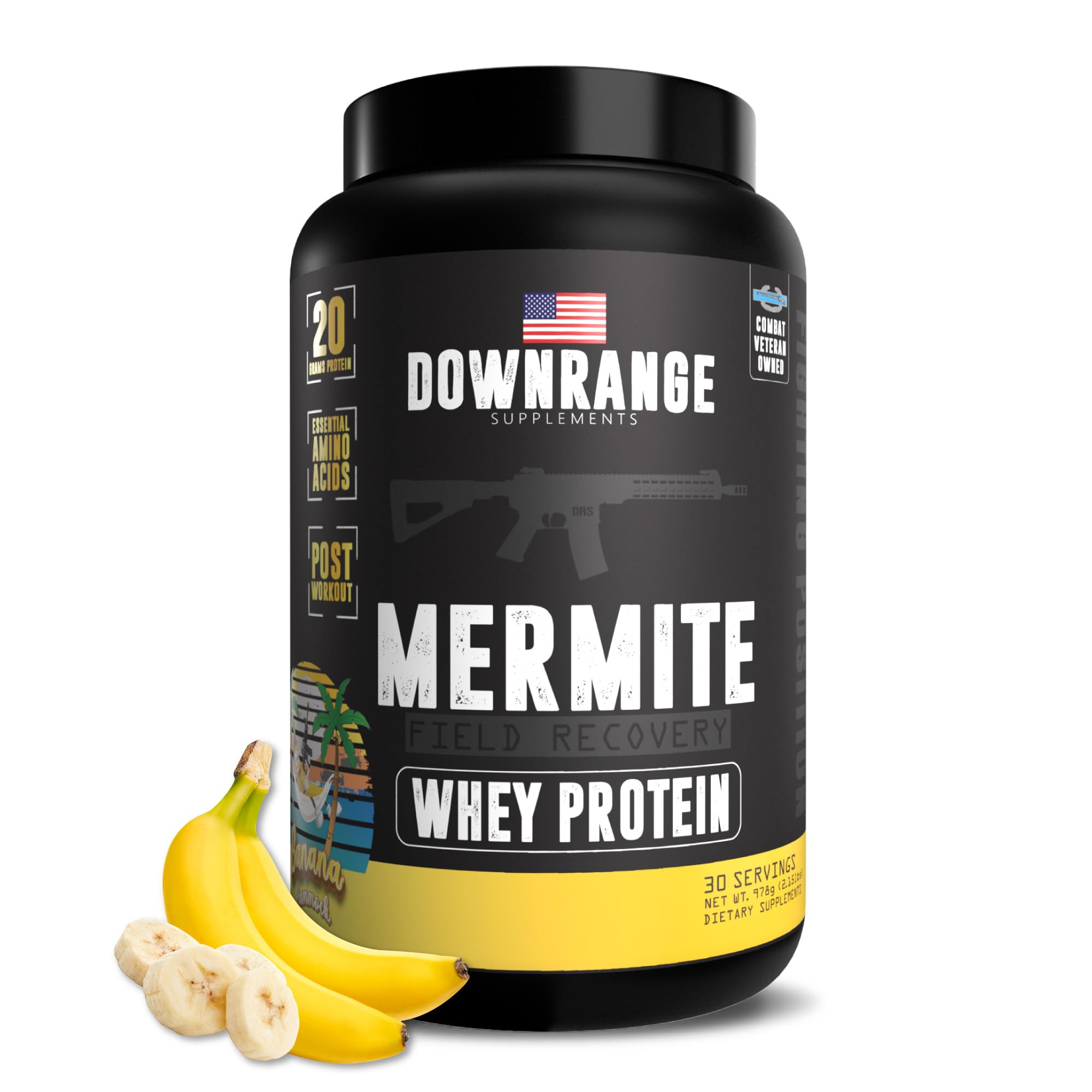 DownRange Supplements Whey Protein em pó com 20 g de proteína, 9 g de aminoácidos essenciais, sabor Banana Hammock, 30 porções, 926 g