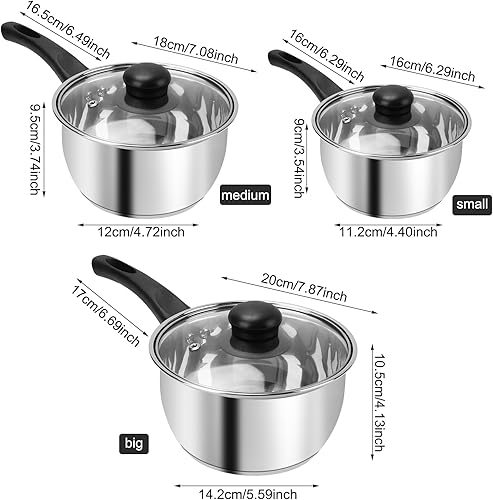 Miniatura 3 de Juego de ollas de acero inoxidable con tapa, 6 piezas, sartenes de 1 cuarto de galón, 2 cuartos y 3 cuartos de galón, juego de ollas de acero