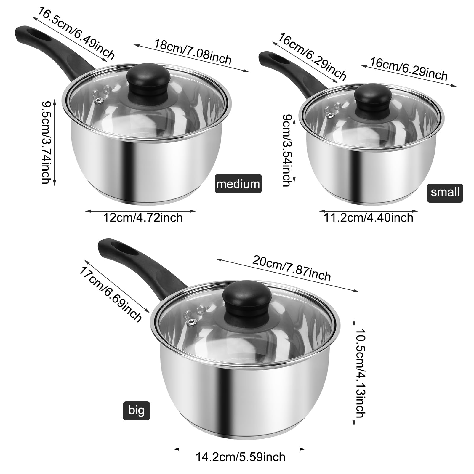 Zestaw garnków ze stali nierdzewnej, 3 Qt, srebrny, potrójne dno, z pokrywkami, 1QT, 2QT, 3QT, przezroczyste pokrywki, kompatybilny z kuchenką gazową i elektryczną