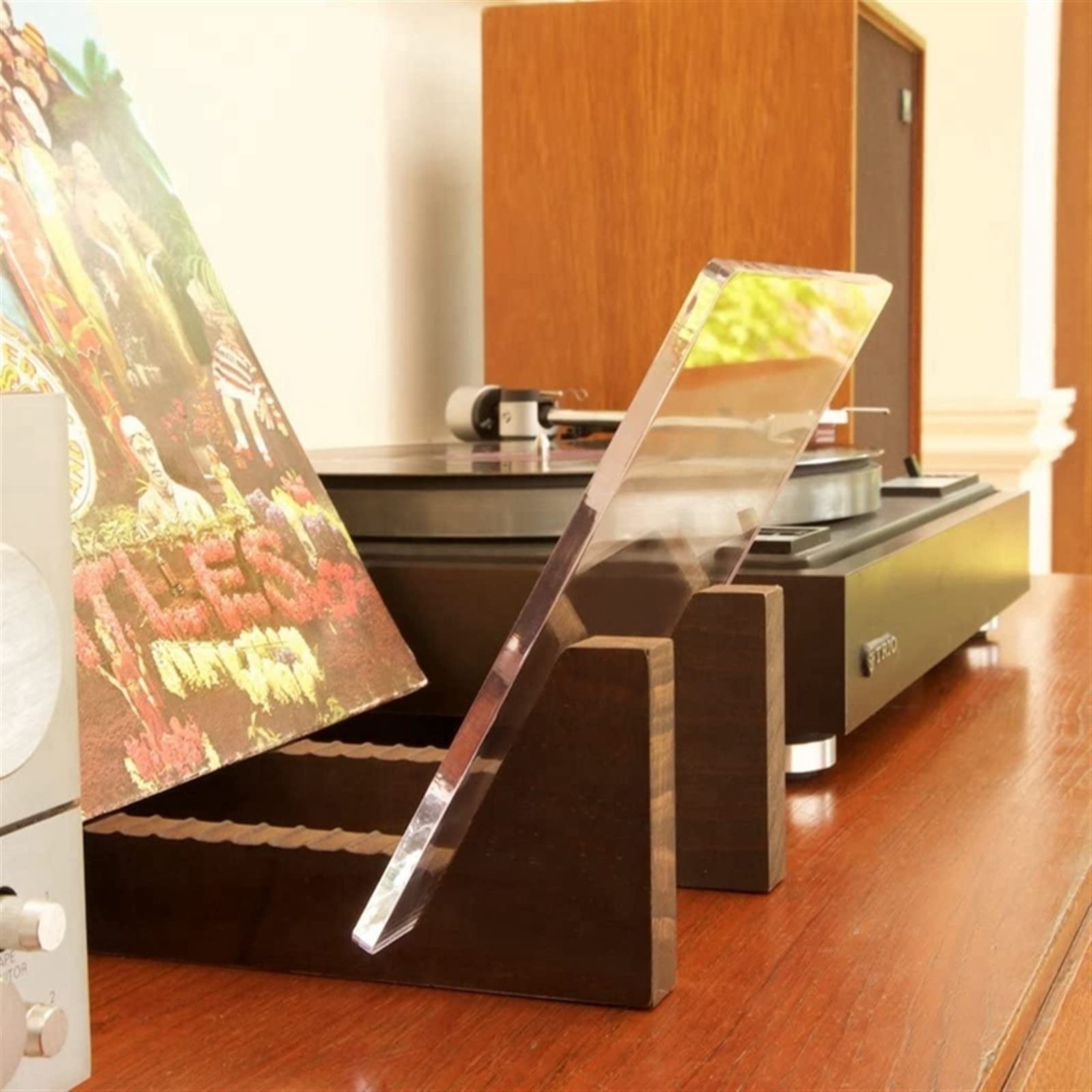 Rack per dischi Portadischi in vinile - Può contenere fino a 50 album, LP da 7 o 12 pollici Organizer in legno massello con estremità in acrilico trasparente, moderno supporto for dischi portatile