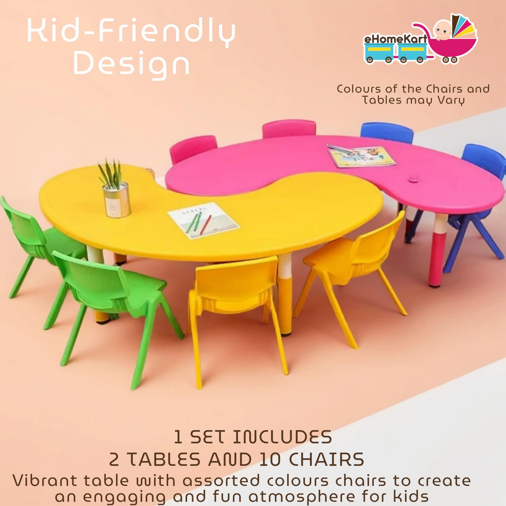 eHomeKart Kids Half-Moon Table Set of 2 with 10 Chairs – Front Round Shape, Perfect for Home Use (53 x 20 x 20 inches) for Kids with Set of 10 Chairs- Perfect Fort Home - Image 3 thumbnail