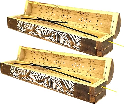 Vista 37 de Paquete de 2 quemadores de incienso de madera tipo ataúd - Incrustaciones de latón de 12 pulgadas - Compartimento de almacenamiento (Buddha)