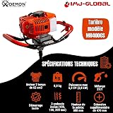 IMJ-Global - Tariere Thermique 2 Temps 62cc - 5,2 CV, Mélange Essence/Huile, Tarière Thermique Professionnelle pour le Jardin et le Terrain, avec 3 Embouts de Ø 100 mm, 150 mm et 200 mm - 2