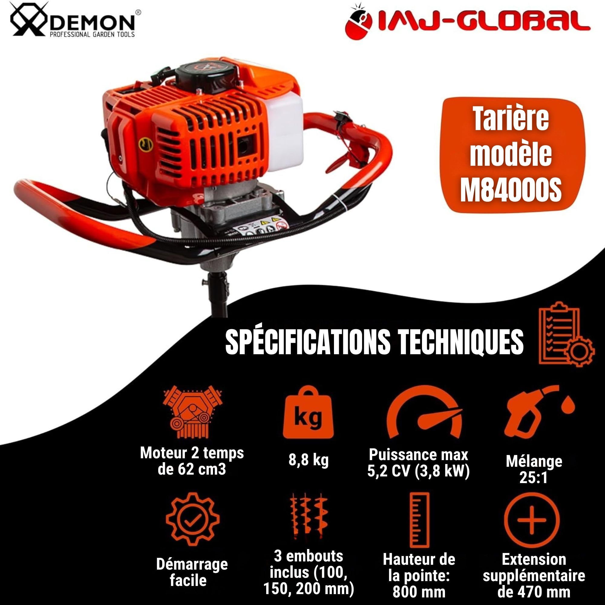 IMJ-Global - Tariere Thermique 2 Temps 62cc - 5,2 CV, Mélange Essence/Huile, Tarière Thermique Professionnelle pour le Jardin et le Terrain, avec 3 Embouts de Ø 100 mm, 150 mm et 200 mm