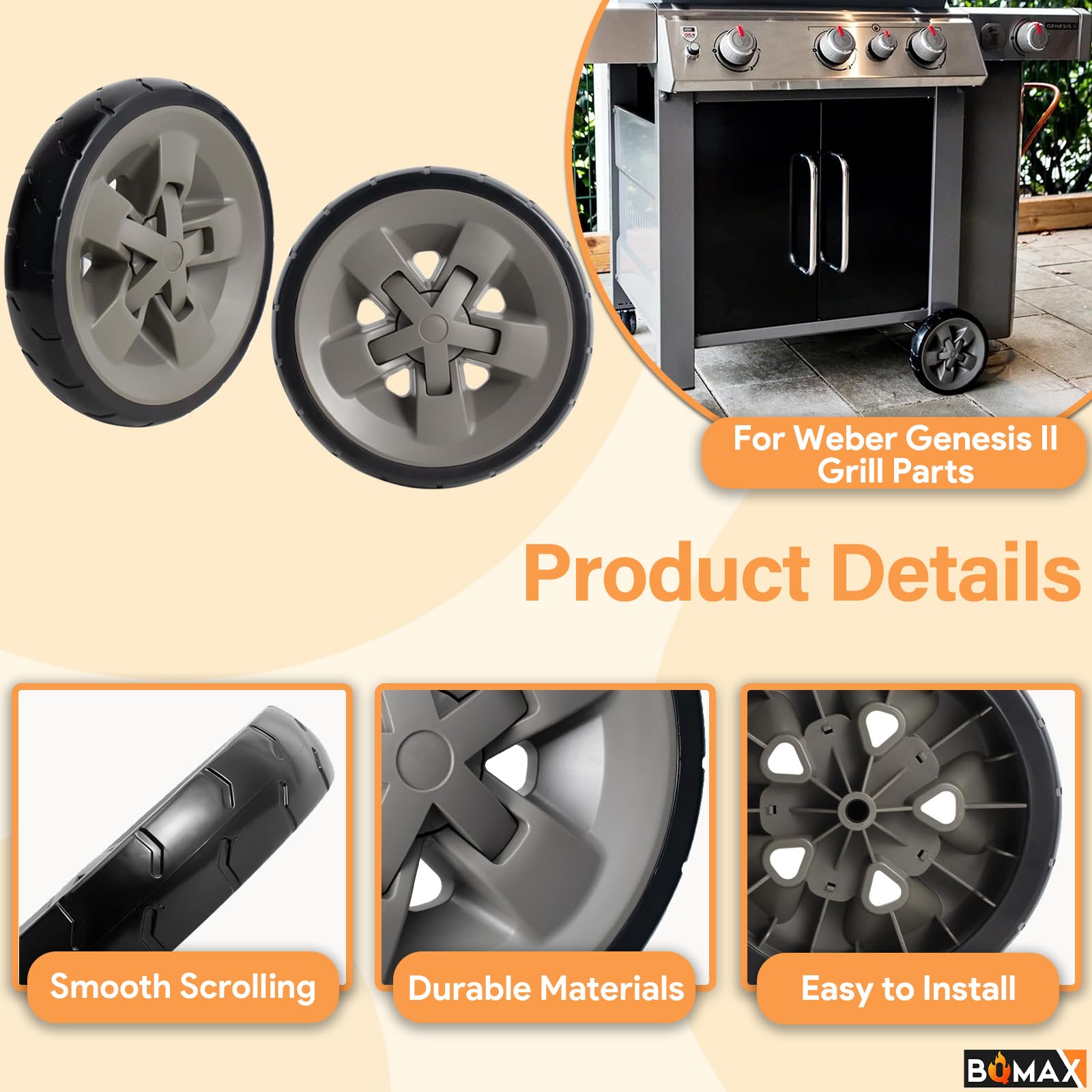 67445 Ruote per griglia Weber Genesis II e Genesis II LX 300 200 400 600, ruote in plastica da 8 pollici per ruote grill Weber, kit di 2 confezioni per ruote per griglia Weber