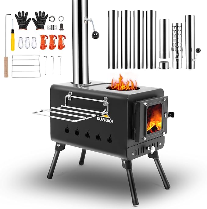 Black Wood Burning Tent Stove, 7 Section Stainless Steel Chimney, Portable Hot Tent Stove