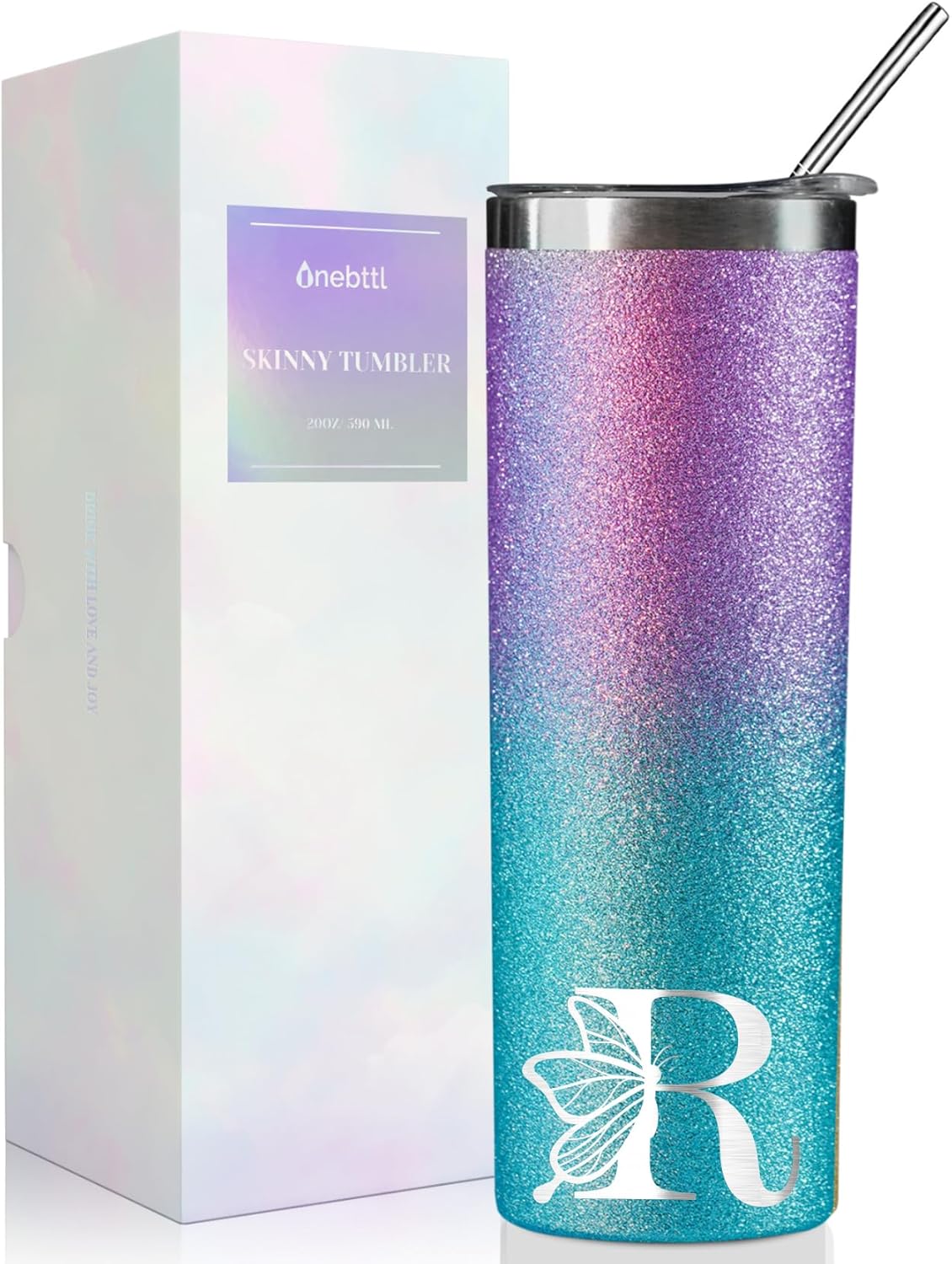 Onebttl Purple Butterfly Gifts for Women with Initial for Butterfly Lovers, 20oz Stainless Steel Tumbler, Perfect for Birthday, Christmas, Mother's Day - Glitter R