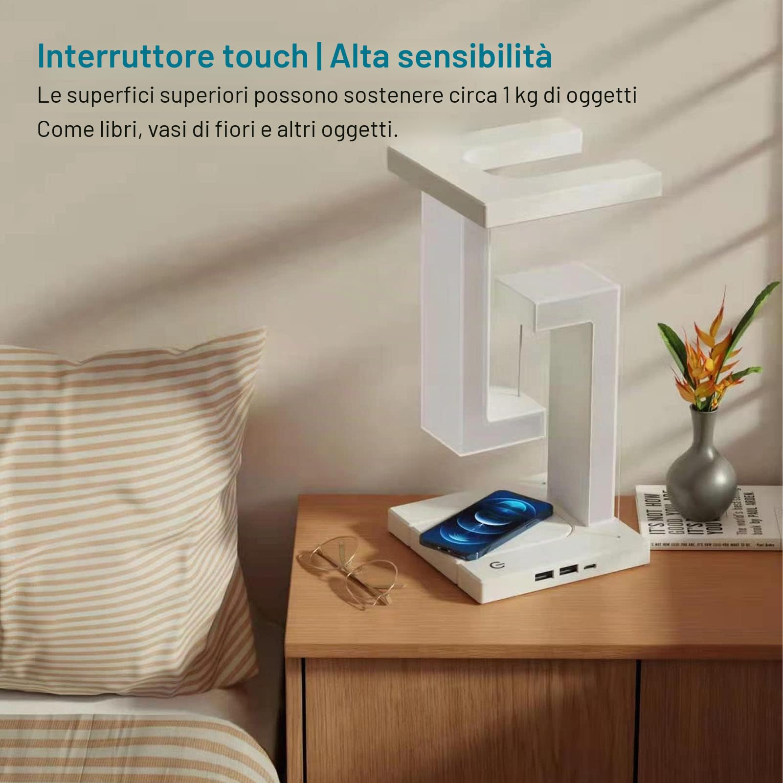 Luce Notturna a Levitazione Magnetica, Lampada da Tavolo a LED con Interruttore Tattile a 3 Ingranaggi con Ricarica Wireless Per Telefono Bianca, Lampada da Scrivania a LED Lampada da Ufficio Dimmerab
