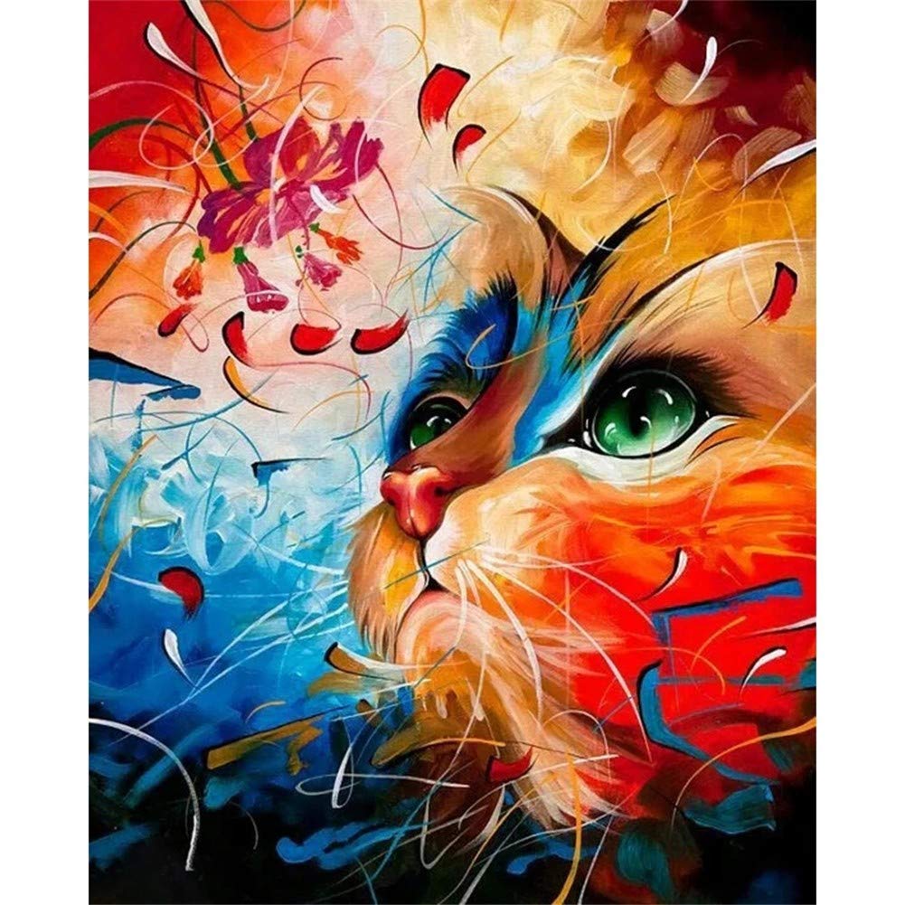 Kit diamant painting chat et fleurs strass ronds couvrant toute la toile