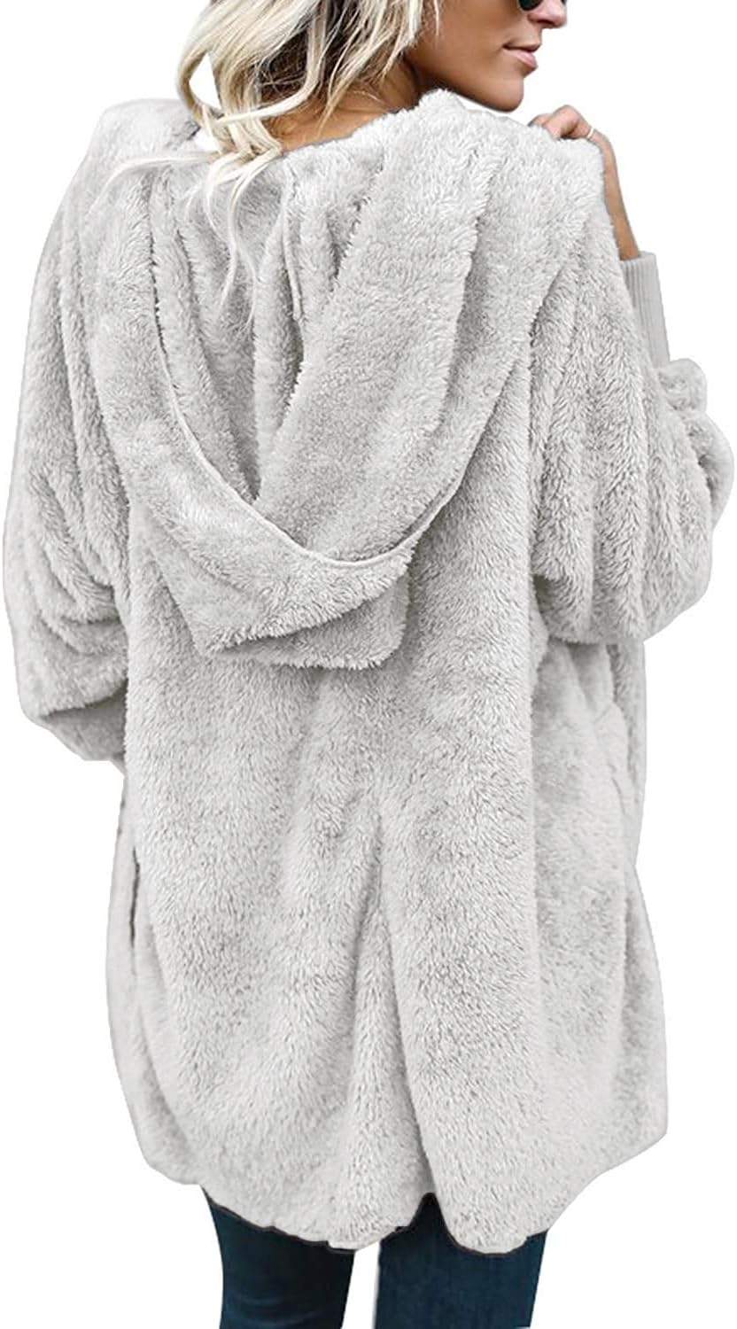 CHICGAL Womens Fuzzy Jacket Hooded Cardigan Open Front Sherpa Coat Outwear with Pockets - Image 5