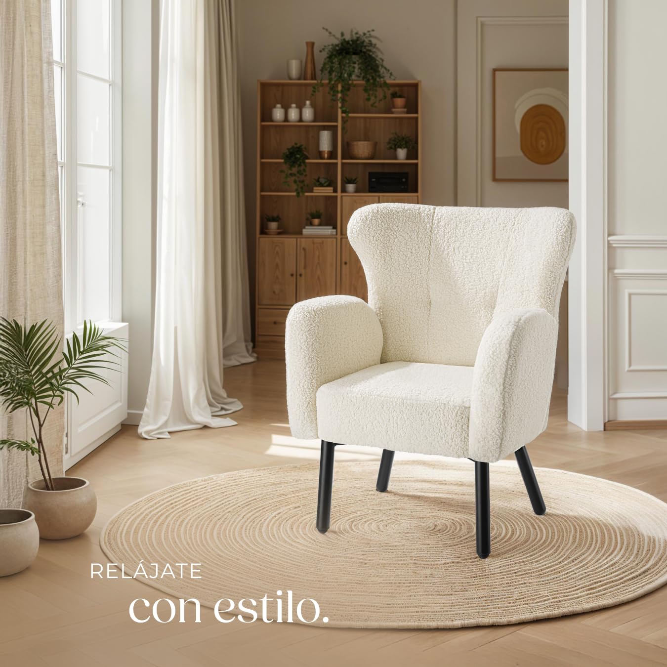 tectake® Sillón Orejero Tapizado en Bouclé, Butaca de Salón, Sillón de Lectura Acolchado, Silla Diseño Escandinavo con Reposabrazos, Estructura en Acero y Topes Antideslizantes, Muebles de Salón