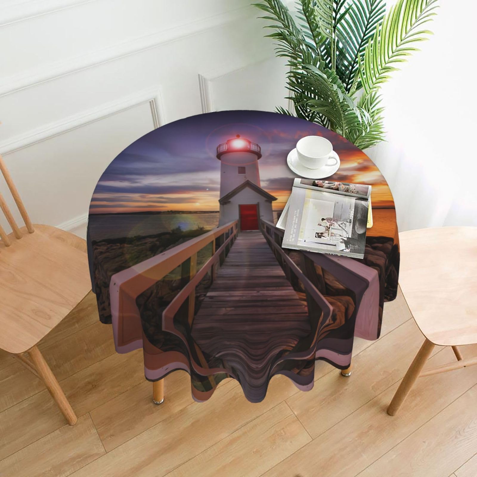 WHJSSF Lighthouse Prints Round Decorative Table Throw 60 Inch – Waterproof Table Cover for Dining, Coffee Tables, and Outdoor Events