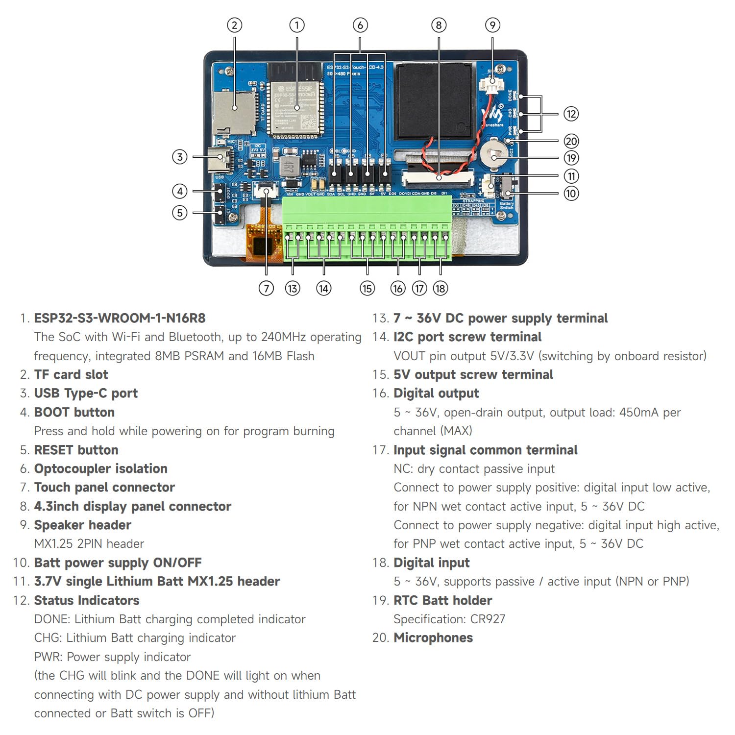 Waveshare ESP32-S3 4.3inch AI Voice Touch Display Development Board with Case, 800 x 480 Resolution, 5-Point Touch, Dual-Mic Array, Supports 2.4GHz Wi-Fi & BLE 5