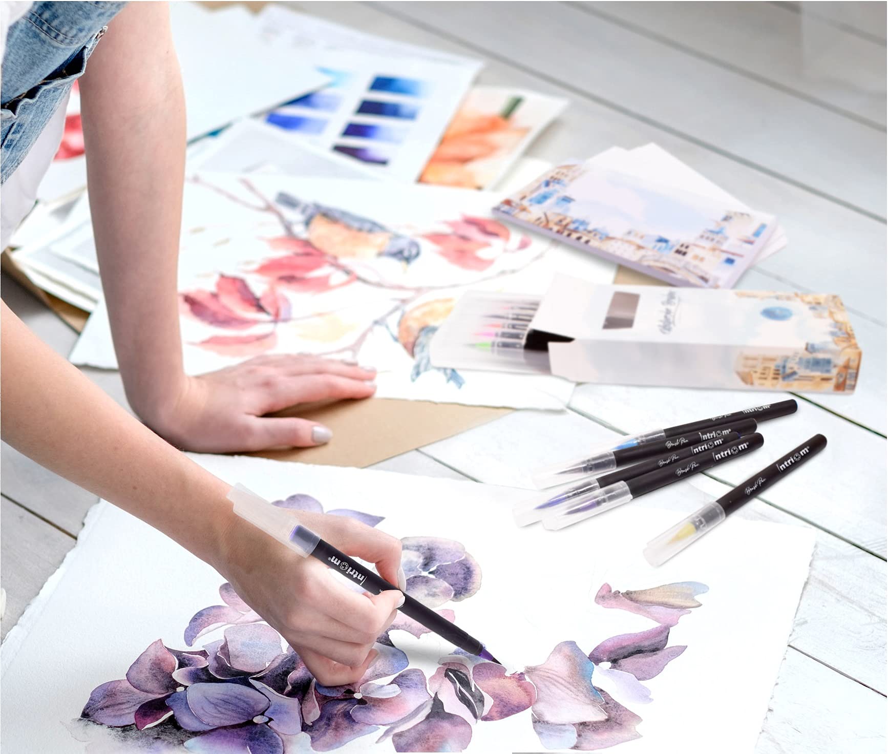 Watercolor Brush Pens Assorted Set Colored 49 + 3 Watercolor Brush Pens +8 Watercolor Paper Complete Art Supply Coloring & Inking Markers W/Real Brush Tips & Carrying Case Nontoxic (52)