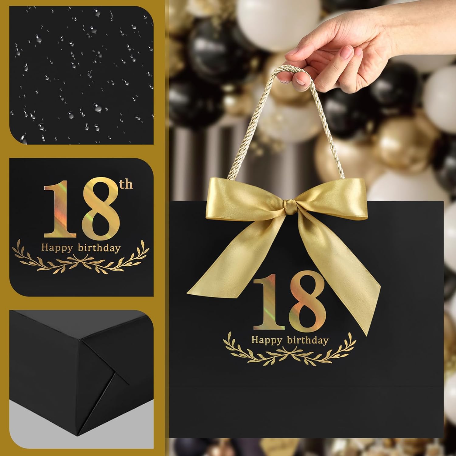 JMANNI Black Gold 18th Birthday Gift Bag with Card and Tissue Paper, 12.6"×9.84"×3.9" Elegant Present Bag for Adults, 18 Year Old Birthday Keepsake Party Supplies - Image 5