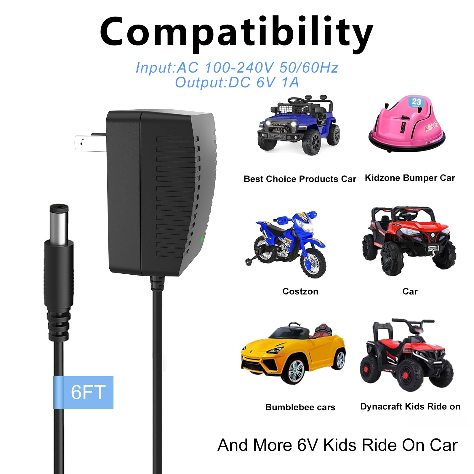 6V Kids Charger for Ride On Toys Car Universal Battery Charger Wrangler Trax Dynacraft Jeep ATV Quad Benz Electric Ride On Toys Replacement Power Supply for 6 Volt Ride On Cars Trucks SUV