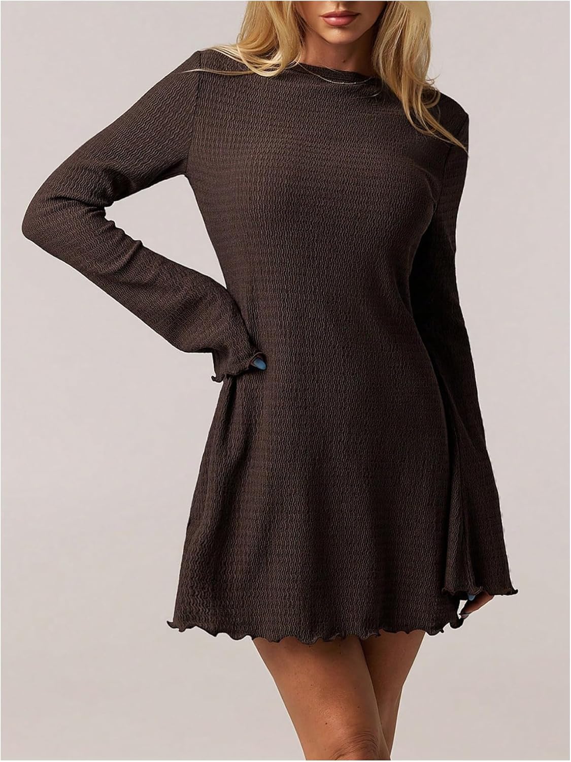 Women's Lettuce Trim Mini Dress Y2k Bell Long Sleeve Crew Neck Going Out Party Dresses - Image 5