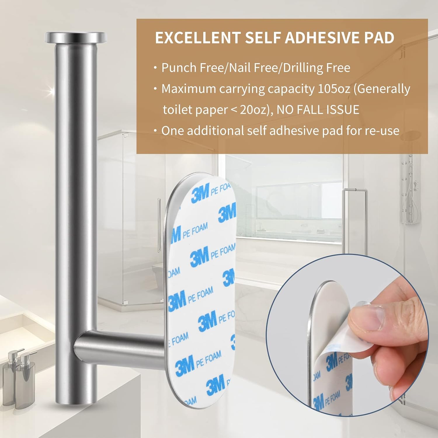 LAYUKI Toilet Paper Holder,Adhesive,Matt Black,Wall Mount,Toilet Paper Roll Holder,no Drilling,Bathroom/Rv/Washroom, SUS 304 Stainless Steel, Rustproof (Black, 1 Piece) image 4
