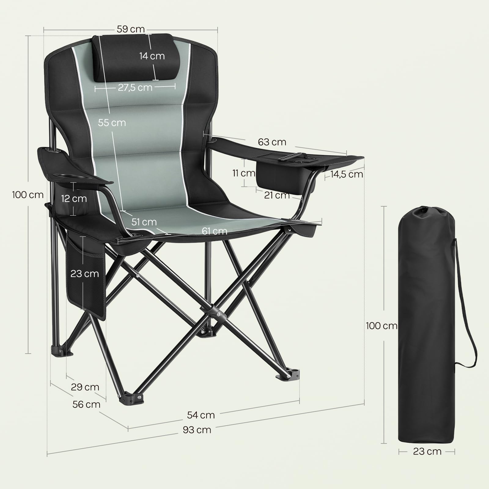 WOLTU Klappbarer Campingstuhl Hochrückig mit Kühltasche, Kopfstütze & Getränkehalter, Angelstuhl Gartenstuhl, Campingsessel bis 180kg Tragkraft, Wasserdicht 600D Oxford
