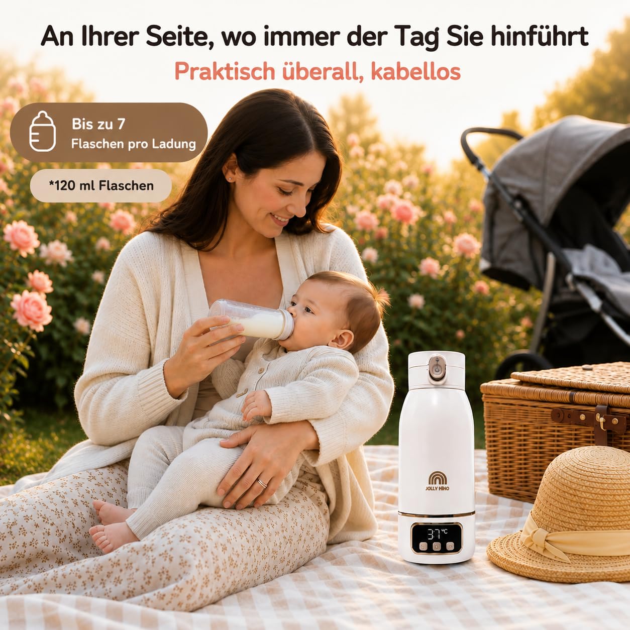 Flaschenwärmer Baby Unterwegs Tragbar Kabellos 500ml, Muttermilch & Wasser, Reise Auto Nacht, Silikonbürste Inklusive