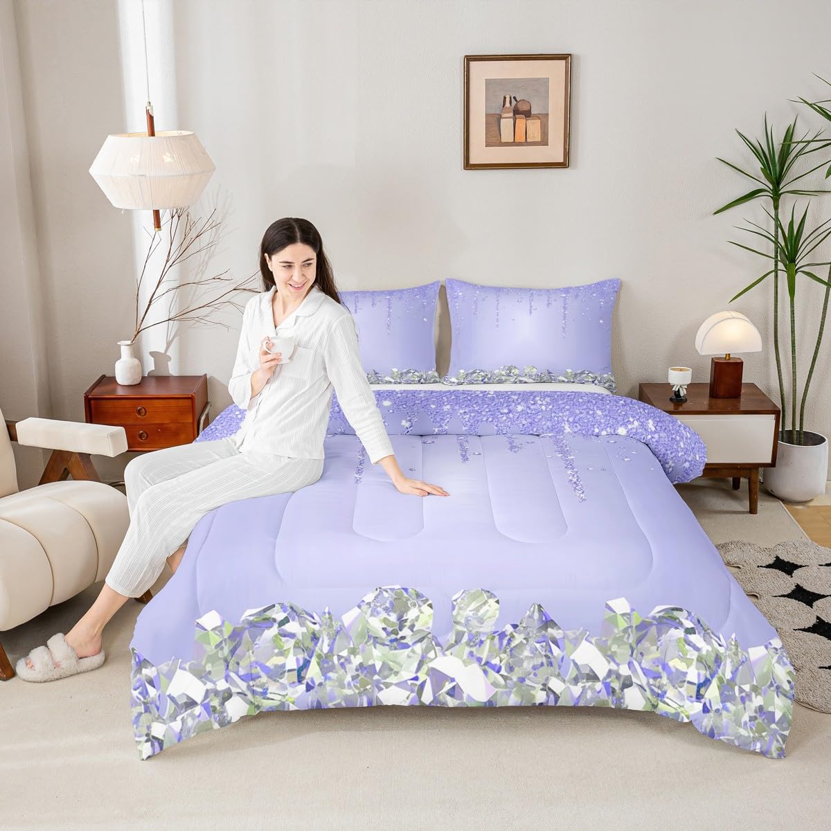 Girls Geometric Diamond Twin Size Comforter Set,Kids Purple Glitter Decor All Season Bedding Set,Teens Bling Party Comforter,Children Silver Abstract