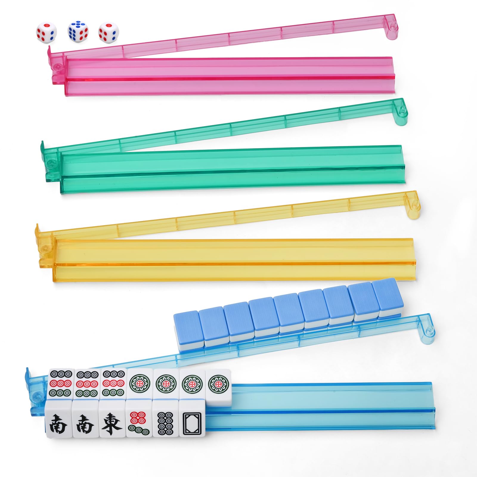 Mahjong Racks with Pushers, All-in-One Mahjong Tile Pushers and Racks with 3 Dices, Modern American Tile Set of 4 (4 Colors)