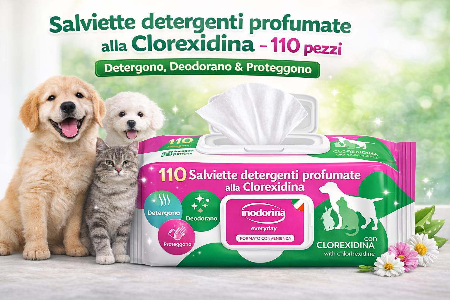 Chusteczki czyszczące o zapachu chlorheksydyny 330 szt. | 3 opakowania | Chusteczki nawilżane dla psów, kotów, królików | Czyszczenie i dezodoryzacja | wytrzymała tkanina o działaniu