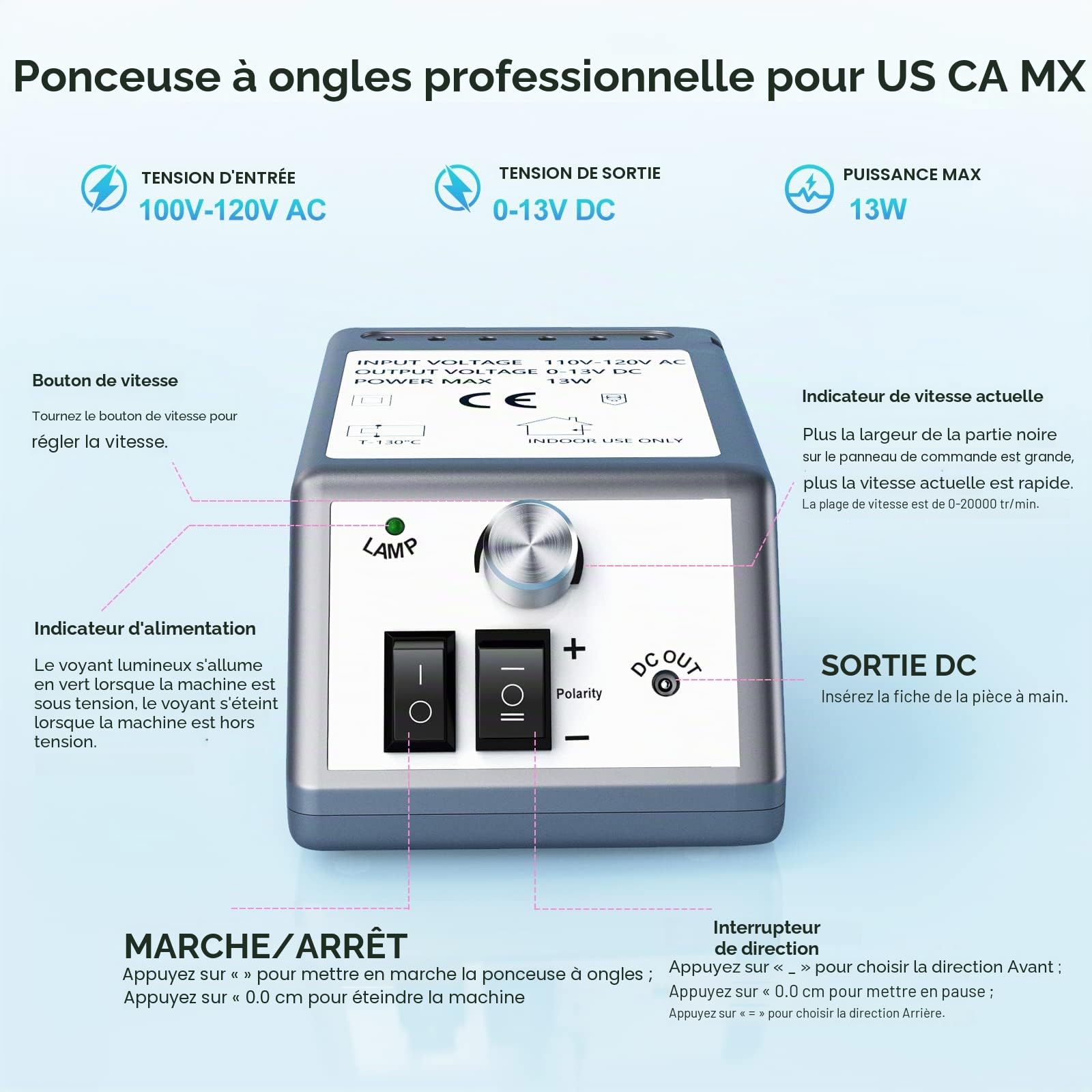 Alle's Ponceuse pour Ongles Professionnel, Lime a Ongle Electrique,20000 RPM Kit de Manucure et Pédicure Professionnel avec Vitesse et Direction Réglables,avec 100 Bandes de Ponçage,Gris