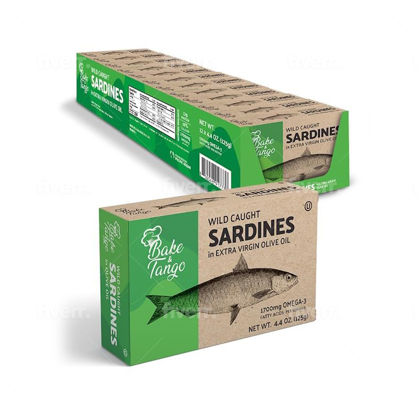 Bake and Tango - Sardines in Extra Virgin Olive Oil - 4.4oz (Pack of 12) | Rich in Omega-3, High-Protein, Wild-Caught, Non-GMO, Gluten-Free, Perfect for Snacks, Salads, and Recipes (4.4oz, Extra Virgin Olive Oil)