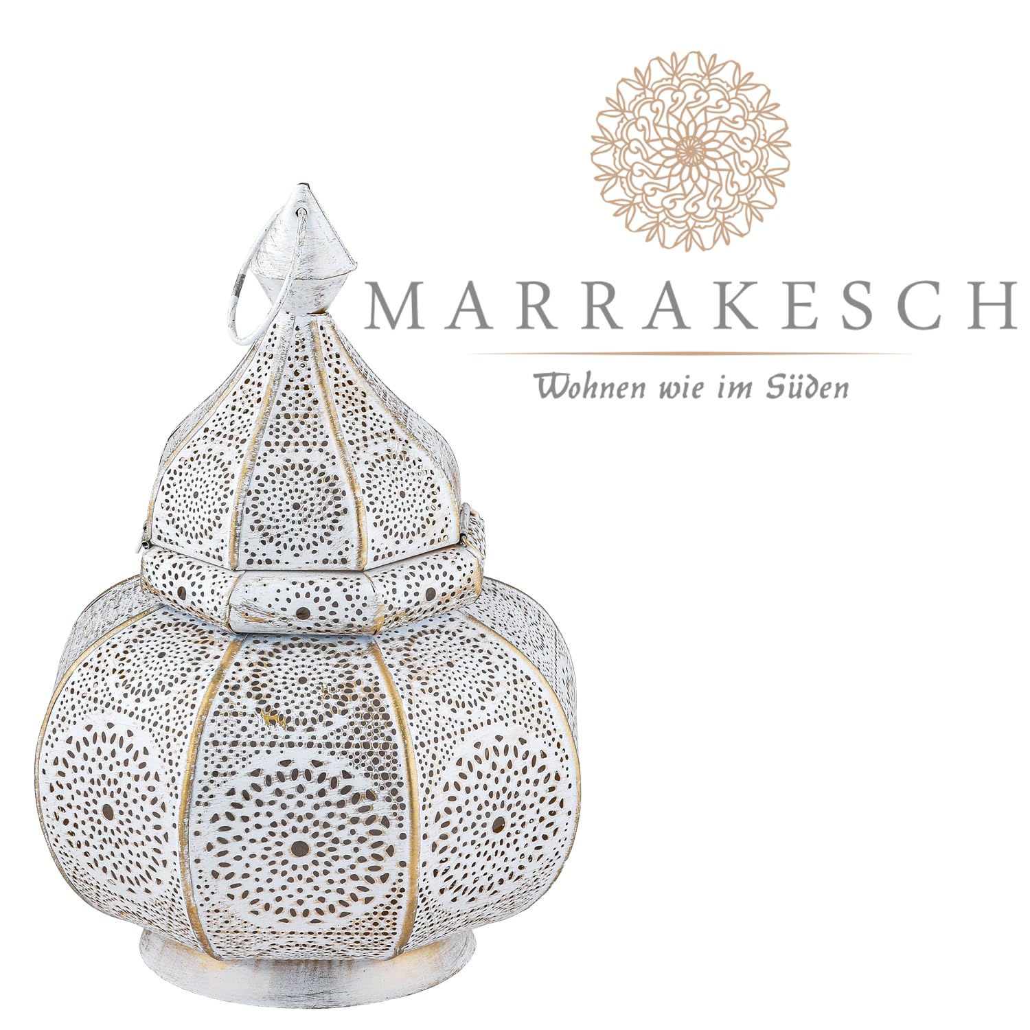 Marrakech - Lámpara de mesa y farol (metal, 30 cm), diseño oriental, color blanco