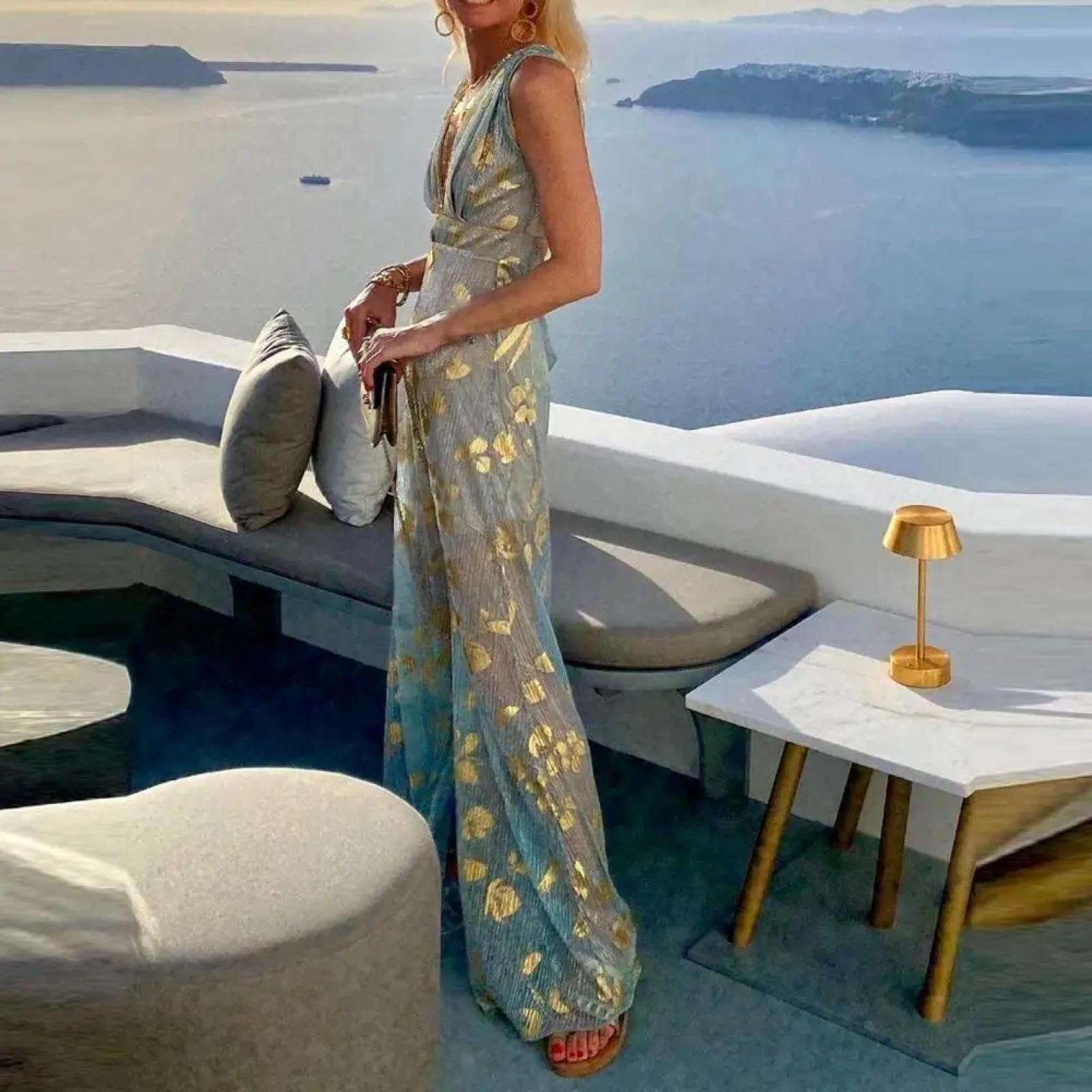Hübsche Kleider Dress Damen Sexy Kleid Frauen Elegant Urlaub Langes Kleid Tiefer V-Ausschnitt Ärmellose Taille Eng Fließender Saum Party Abendkleid