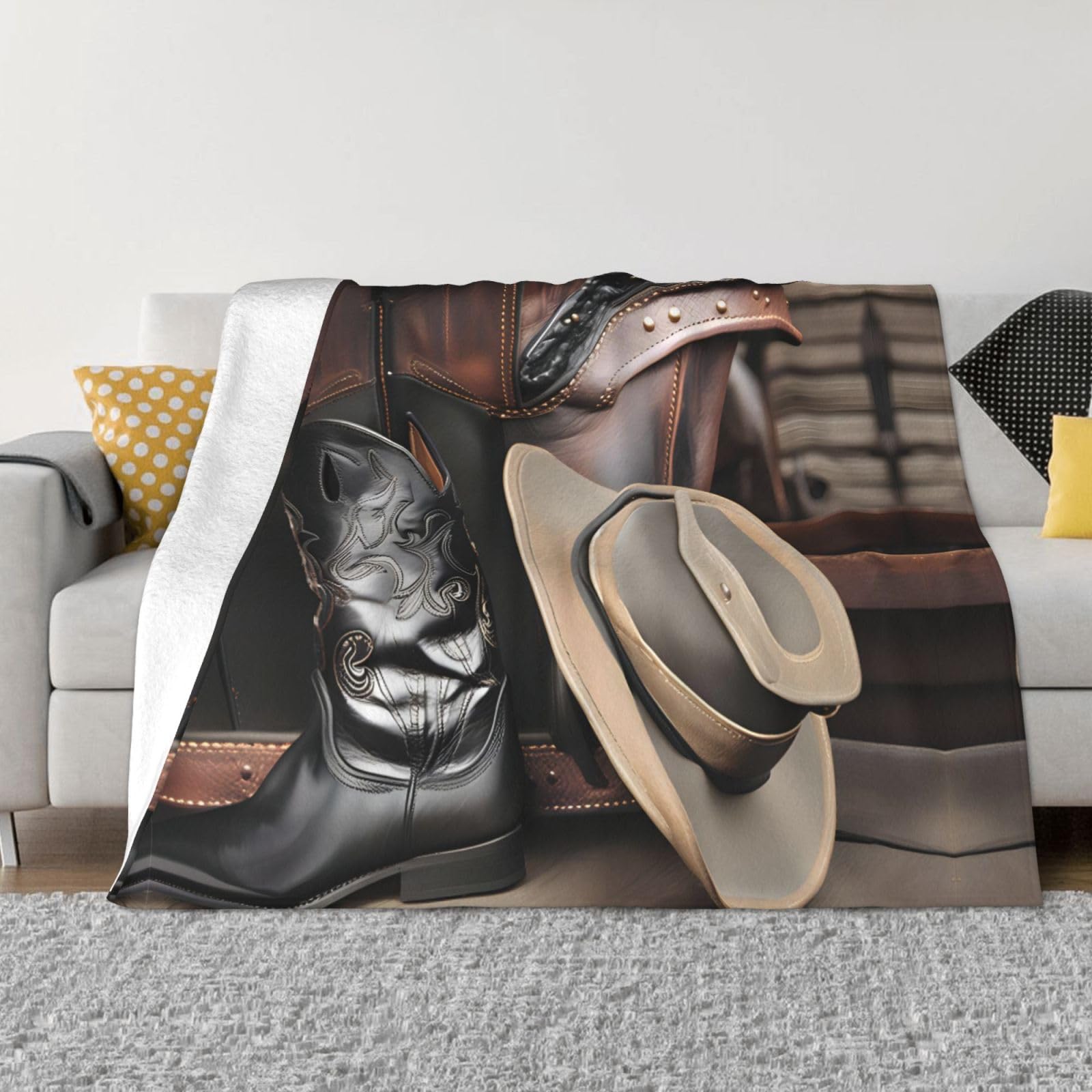 Couverture en flanelle douce ambiance cocooning avec motif cowboy noir