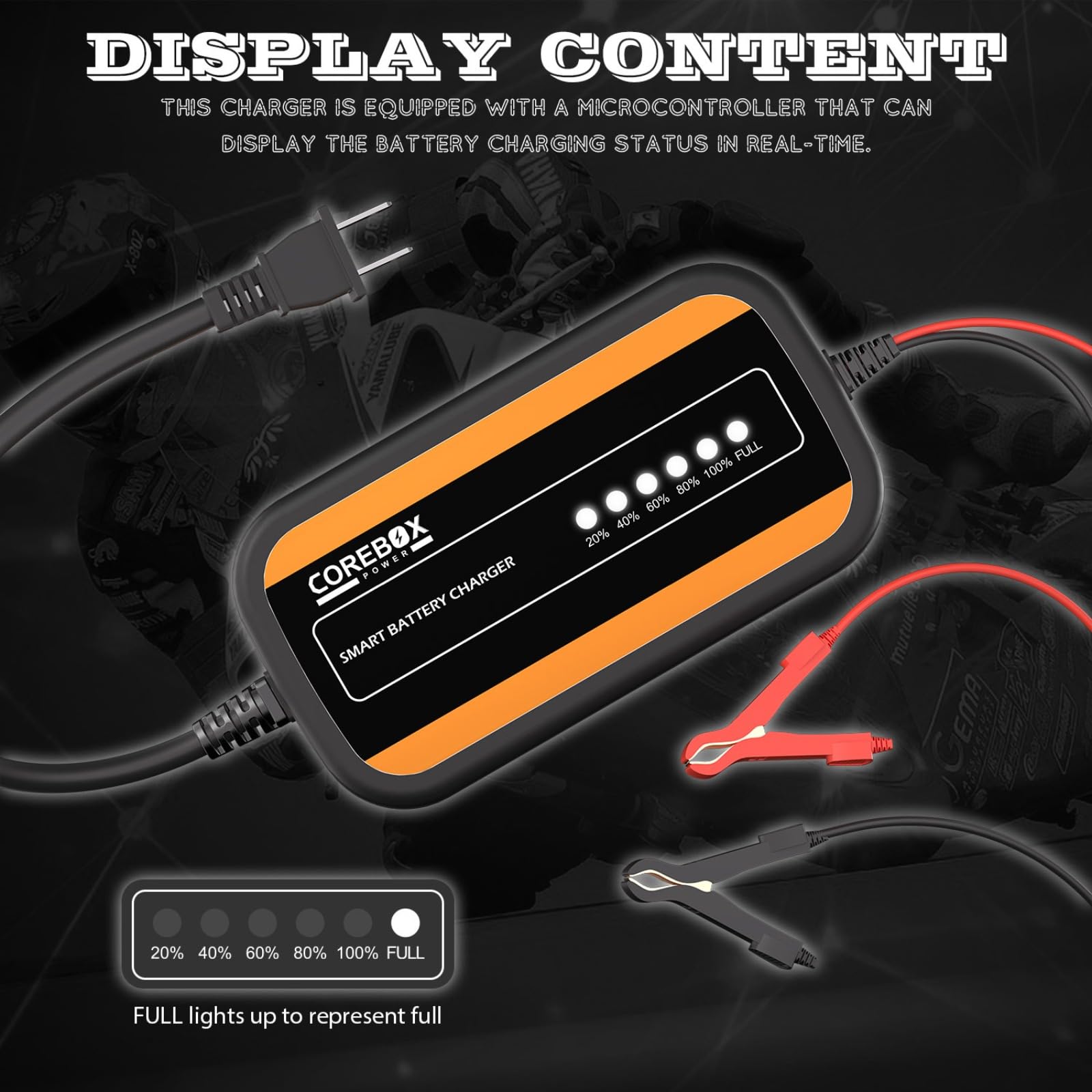 2A Smart Motorcycle Battery Charger 12V Car Charger, Battery Maintainer, Trickle Charger for AGM, Motorcycle, Lithium and Deep Cycle Batteries