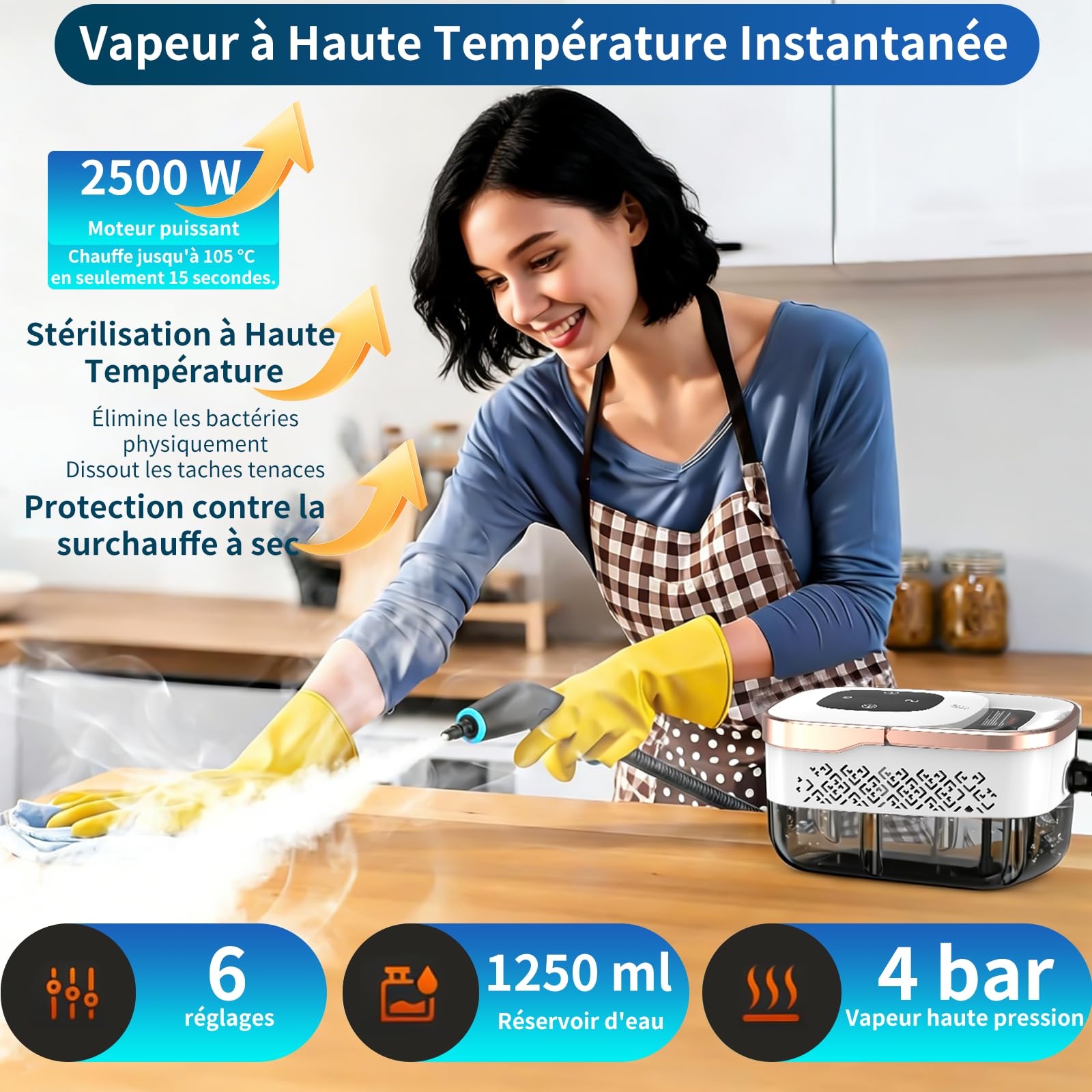 Nettoyeur vapeur portatif, 2500 W, 8 buses, 6 niveaux de vapeur, réservoir de 1250 ml, Nettoyeur Vapeur à Main pour Fenêtres, Cuisine, Voiture, Salle de Bain (Blanc 1)