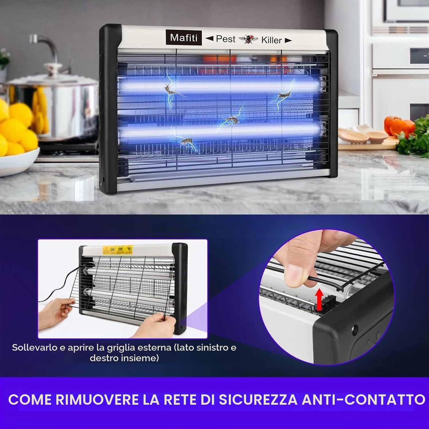 Mafiti Lampada Zanzare 20W 3200V | 4 Lampade UV | Eliminatore di Insetti Elettrico per Interni ed Esterni | Trappola per Mosche, Zanzare, Insetti Volanti