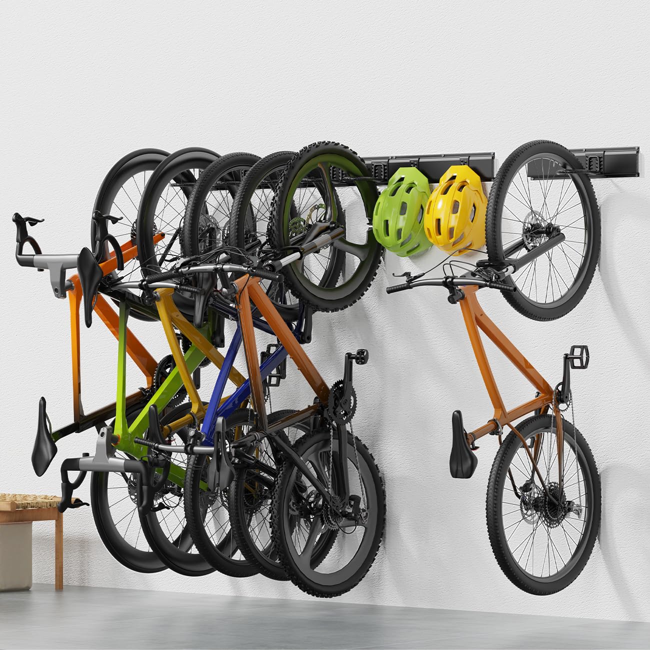 Housolution Soporte de Pared para Bicicleta, Estante de Almacenamiento de Bicicleta 32 Pulgadas, Ganchos para 4 Bicicletas + 3 Cascos hasta 300 Libras Acero Sólido Aparcabicicletas para Garaje, Negro — view 10