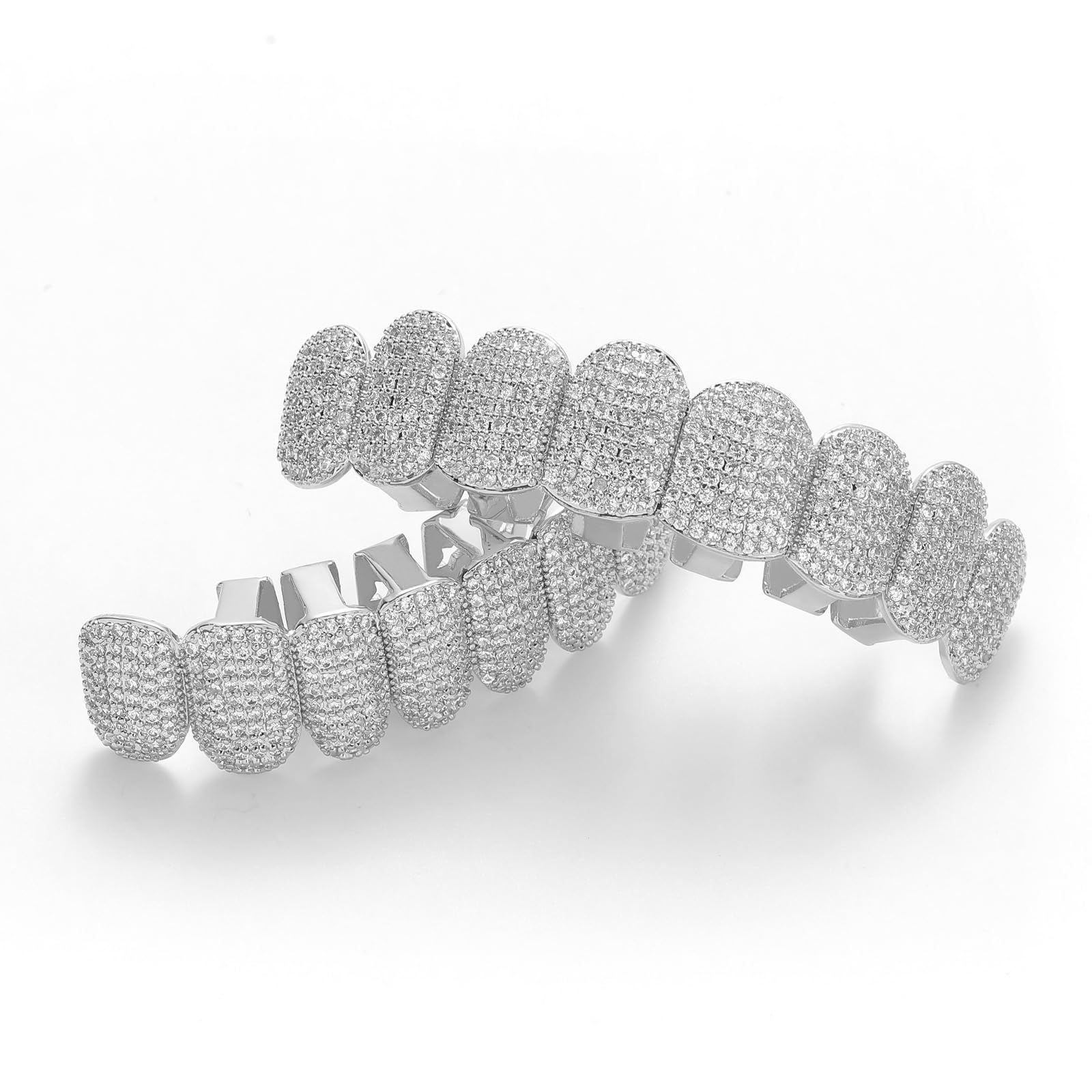 Generic Hip Hop Dents Grillz Caps Iced Out CZ Top et Bottom Plaqué Or Brillant Vampire Fangs Grillz pour vos dents pour les hommes et les femmes,Argent,set
