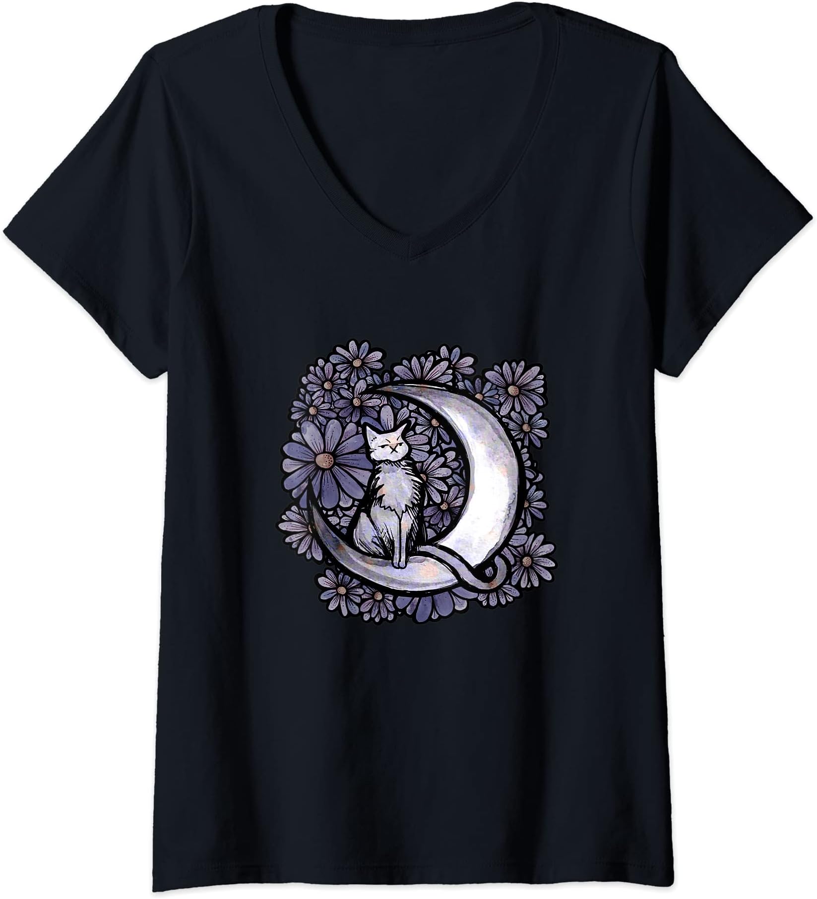 Caterpillar Womens Purple MoonCat Daisies Art Cat Moonchild cats V-Neck T-Shirt