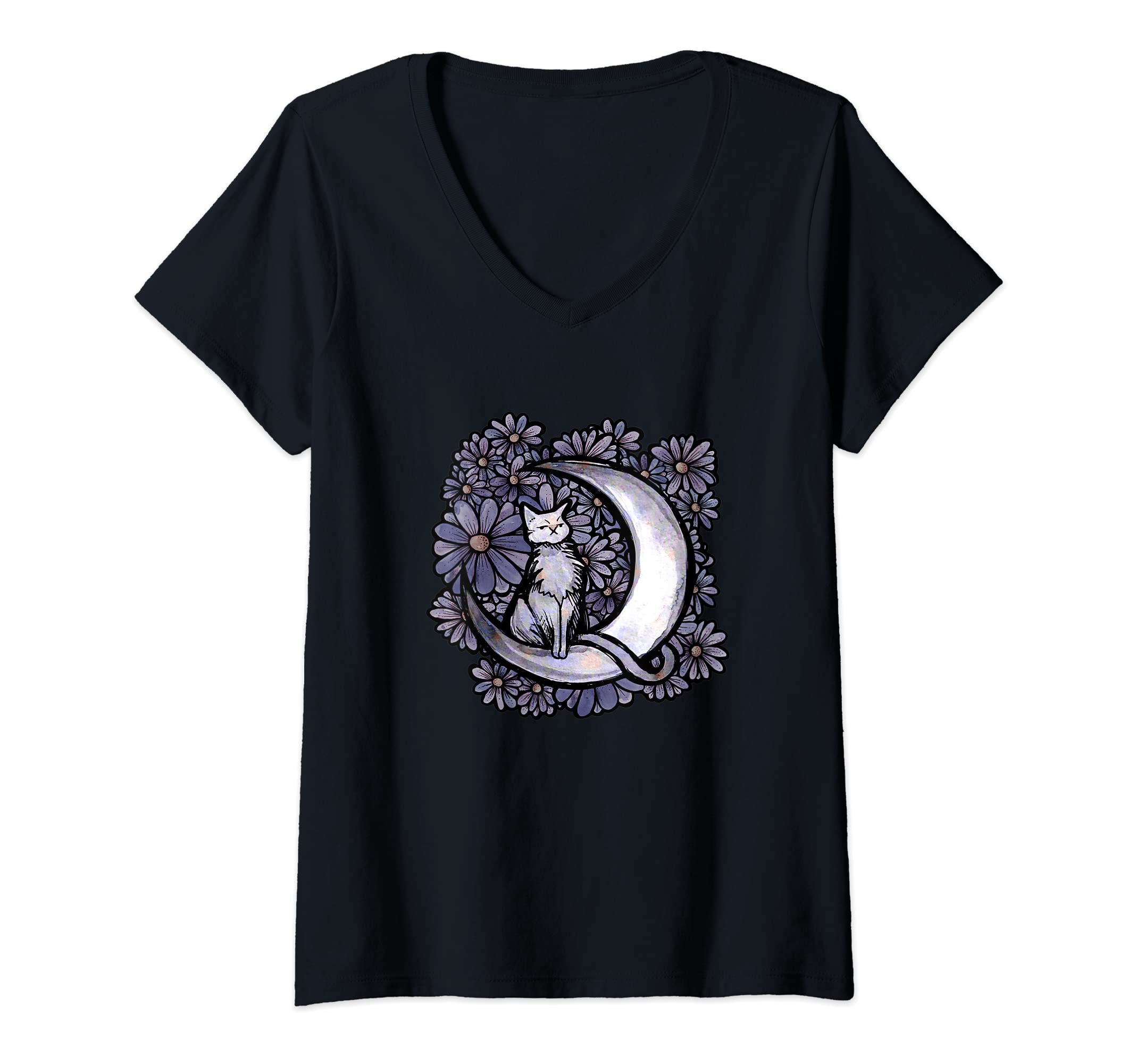 Caterpillar Womens Purple MoonCat Daisies Art Cat Moonchild cats V-Neck T-Shirt
