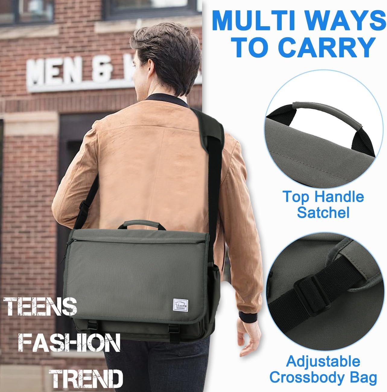 VASCHY Messenger Bag for Men,Water Resistant Casual Satchel Briefcase Fashion Laptop Work Bag Crossbody Shoulder Handbag for Women College Campus Gray