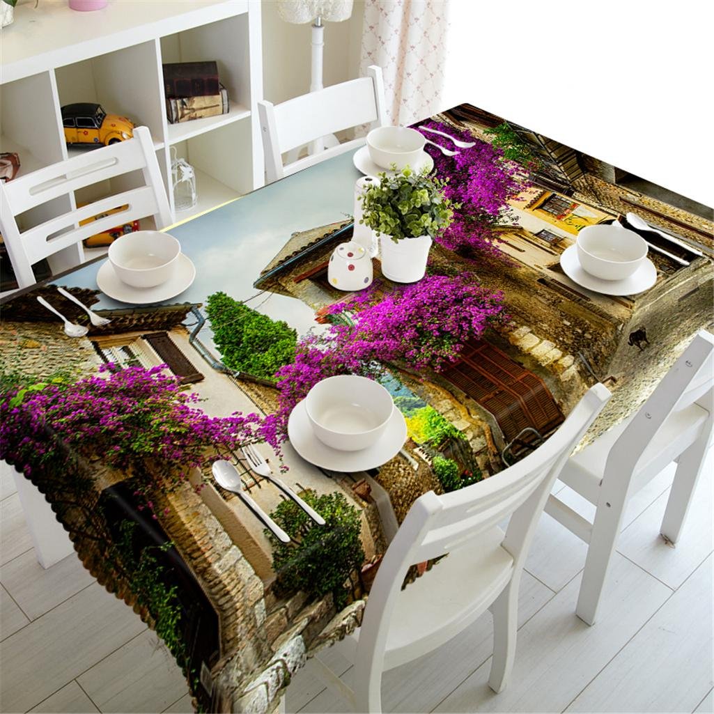 GFYWZ 3D Tablecloth Visual space Purple vines flowers Houses Street Digital printing Polyester Fabrics Dust-proof Tasteless Rectangular Table Cover Kitchen Decorative , o