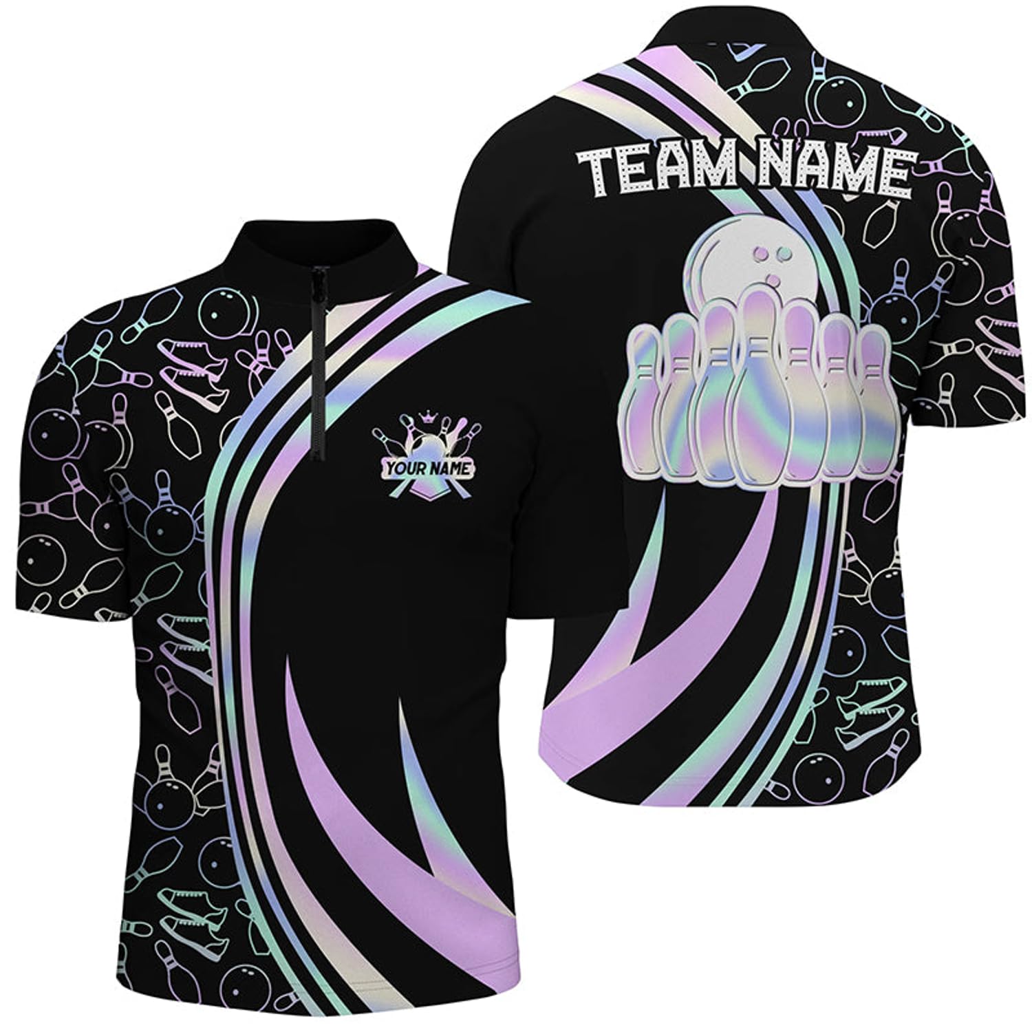 Black Men Bowling Quarter Zip Shirt Custom Neon Camo Team League Bowling Jerseys Gifts for Bowlers N7210