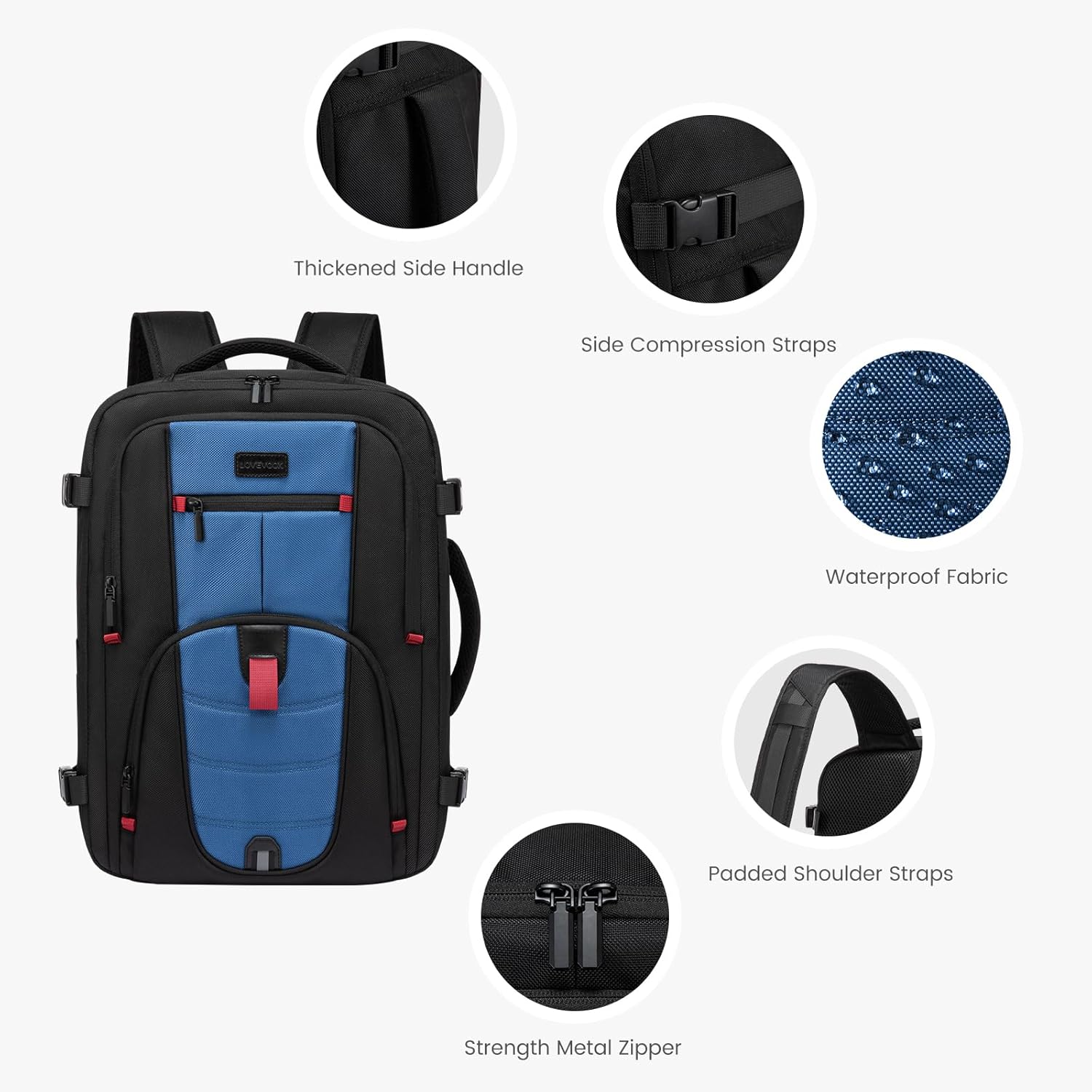 LOVEVOOK Travel Laptop Backpack for Men, 35L Large Carry On Backpack Personal Item Size, Airline Approved Waterproof Bookbag with 2 Packing Cubes Fits 15.6" Laptop, Black&Blue - Image 4