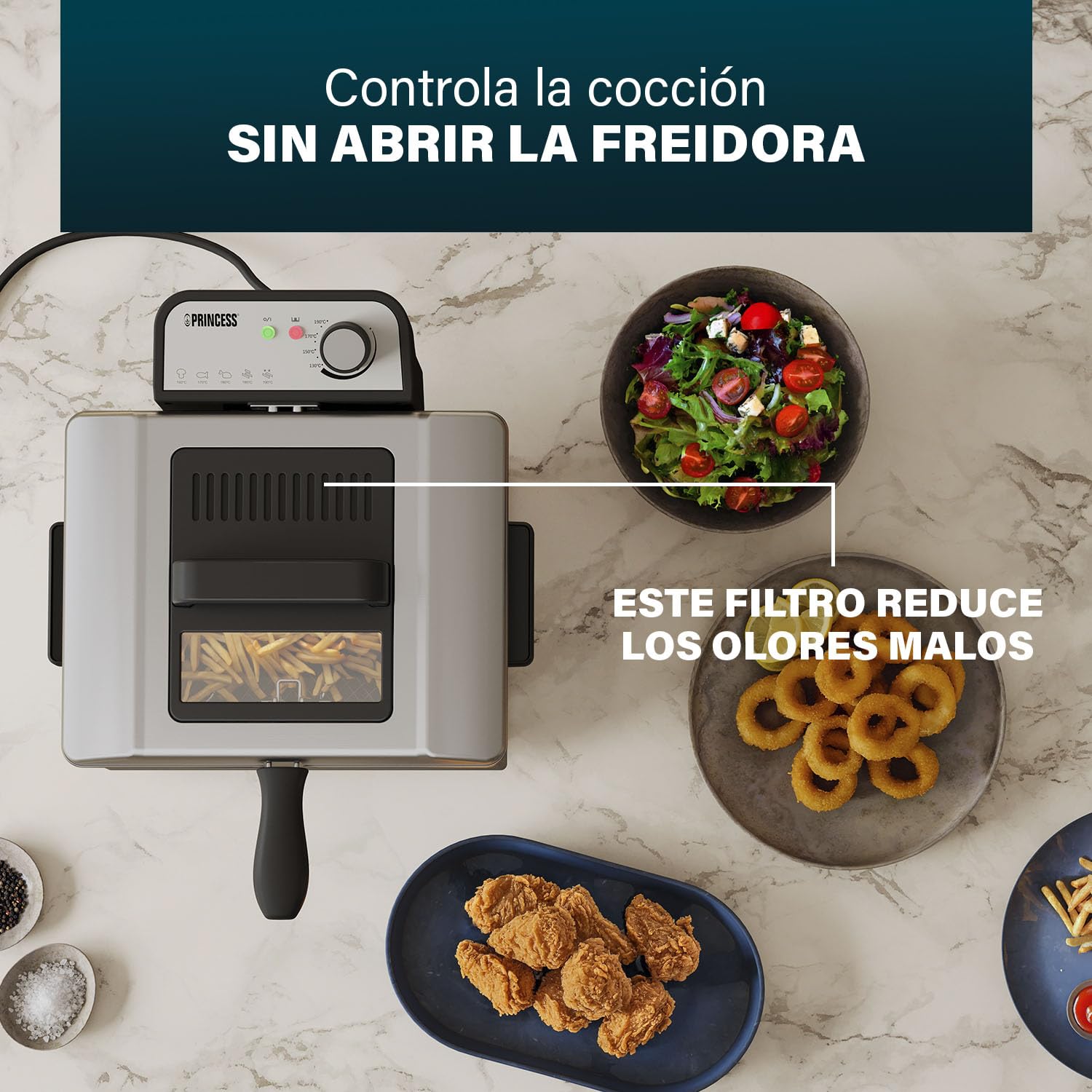 Princess Freidora, 5 litros de capacidad, 3270 W, tecnología de zona fría, ventana de visualización, acero inoxidable, doble termostato, fácil de limpiar, piezas desmontables, 01.184090.01.001