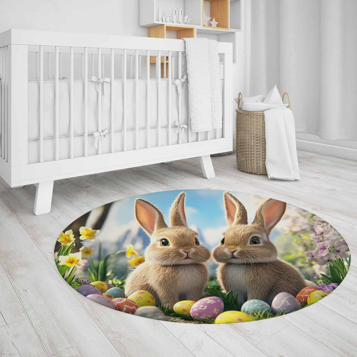 Alfombra temática Pascua 140cm Conejitos adorables y Huevos Festivos Estampado Sala bebé Fina Alfombras Redondas Antideslizantes Jardín Primavera Decoración del hogar