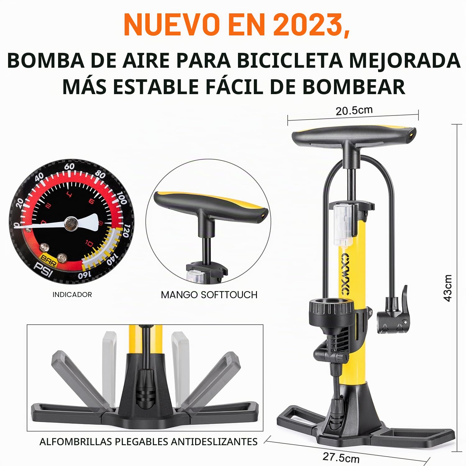 CXWXC Bomba de Bicicleta Todas Las válvulas, Bomba de Aire para Bicicleta con manómetro para indicador de presión de 11 bar/160 PSI, Bomba de pie para Bicicleta de Carretera